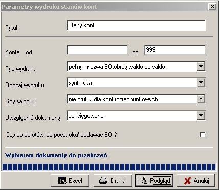 Parametry wydruku stanów kont