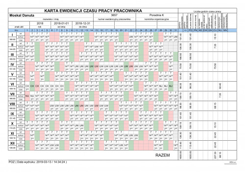 Wydruk - Roczna karta ewidencji czasu pracy dla jednej osoby