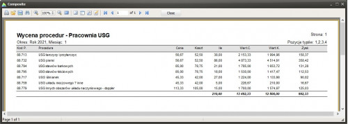 Okno z wydrukiem wyceny procedur