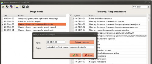 Przykładowe okno z kontami kosztowymi (Zespół IV).