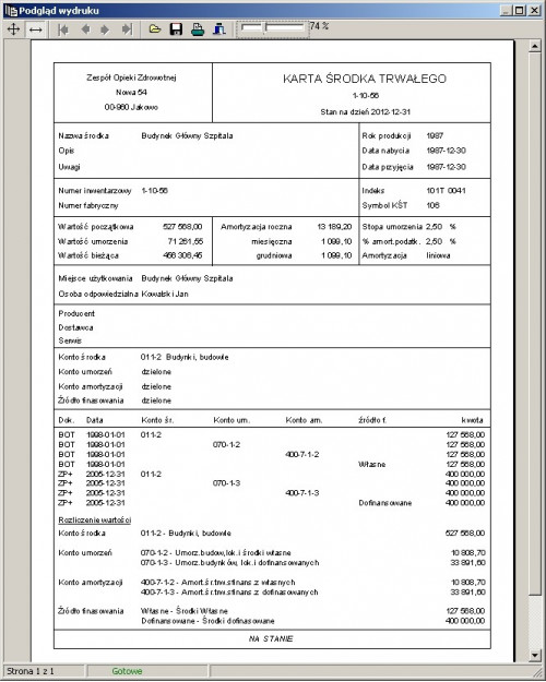 Podgląd wydruku kartoteki dla środka trwałego.